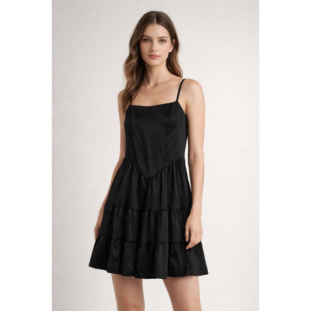French Kiss Black Satin Tiered Mini Dress Spaghetti Strap Size S